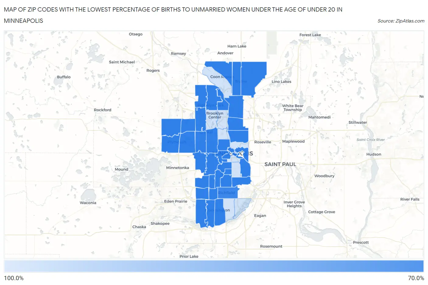 Zip Codes with the Lowest Percentage of Births to Unmarried Women under the Age of under 20 in Minneapolis Map