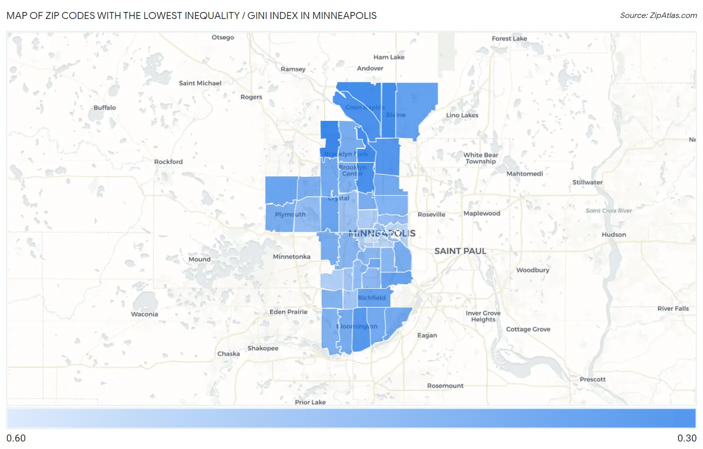 Zip Codes with the Lowest Inequality / Gini Index in Minneapolis Map