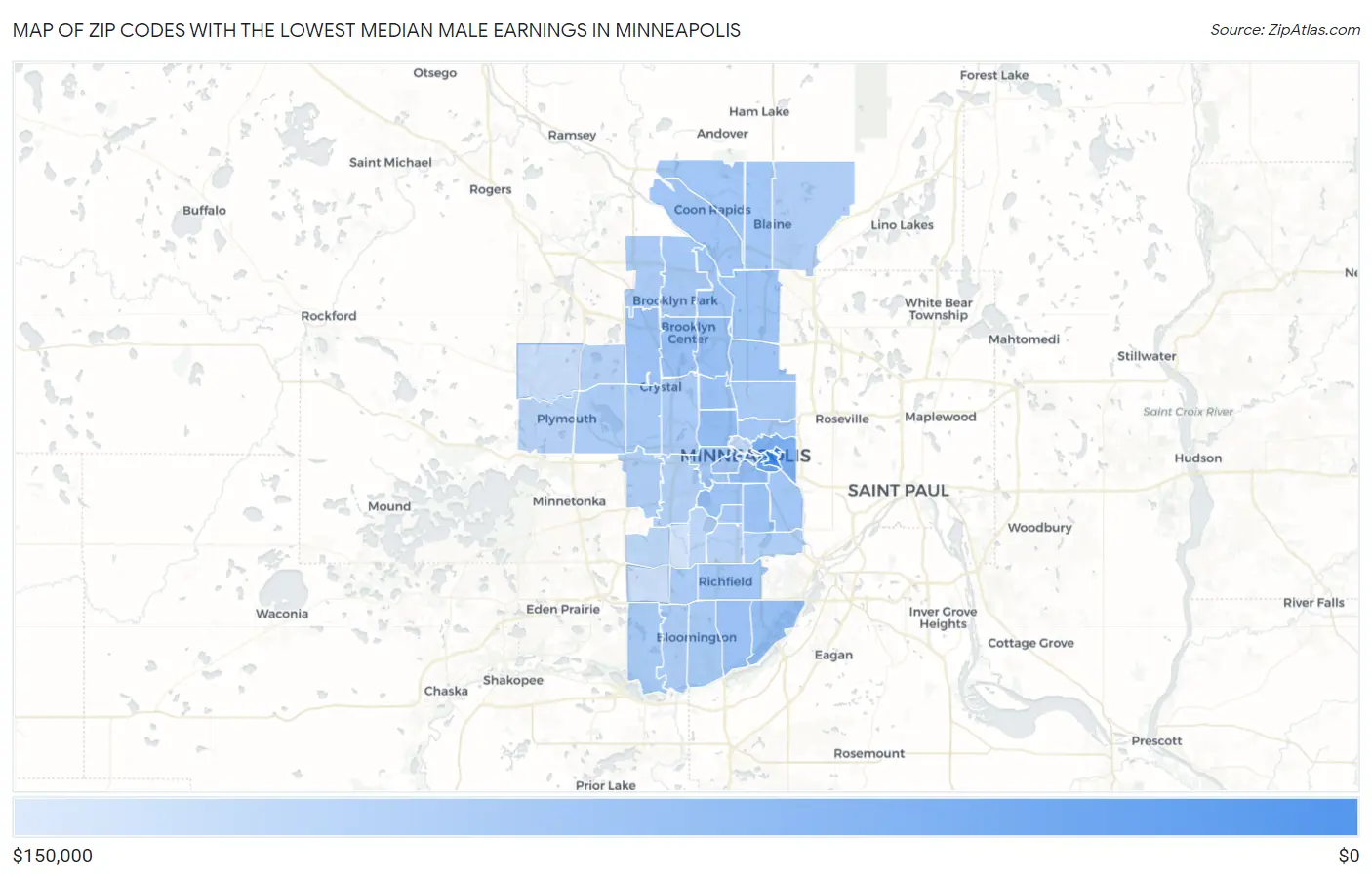 Zip Codes with the Lowest Median Male Earnings in Minneapolis Map