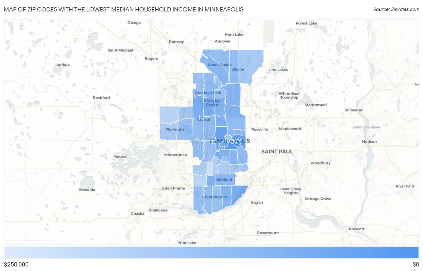 Zip Codes with the Lowest Median Household Income in Minneapolis Map