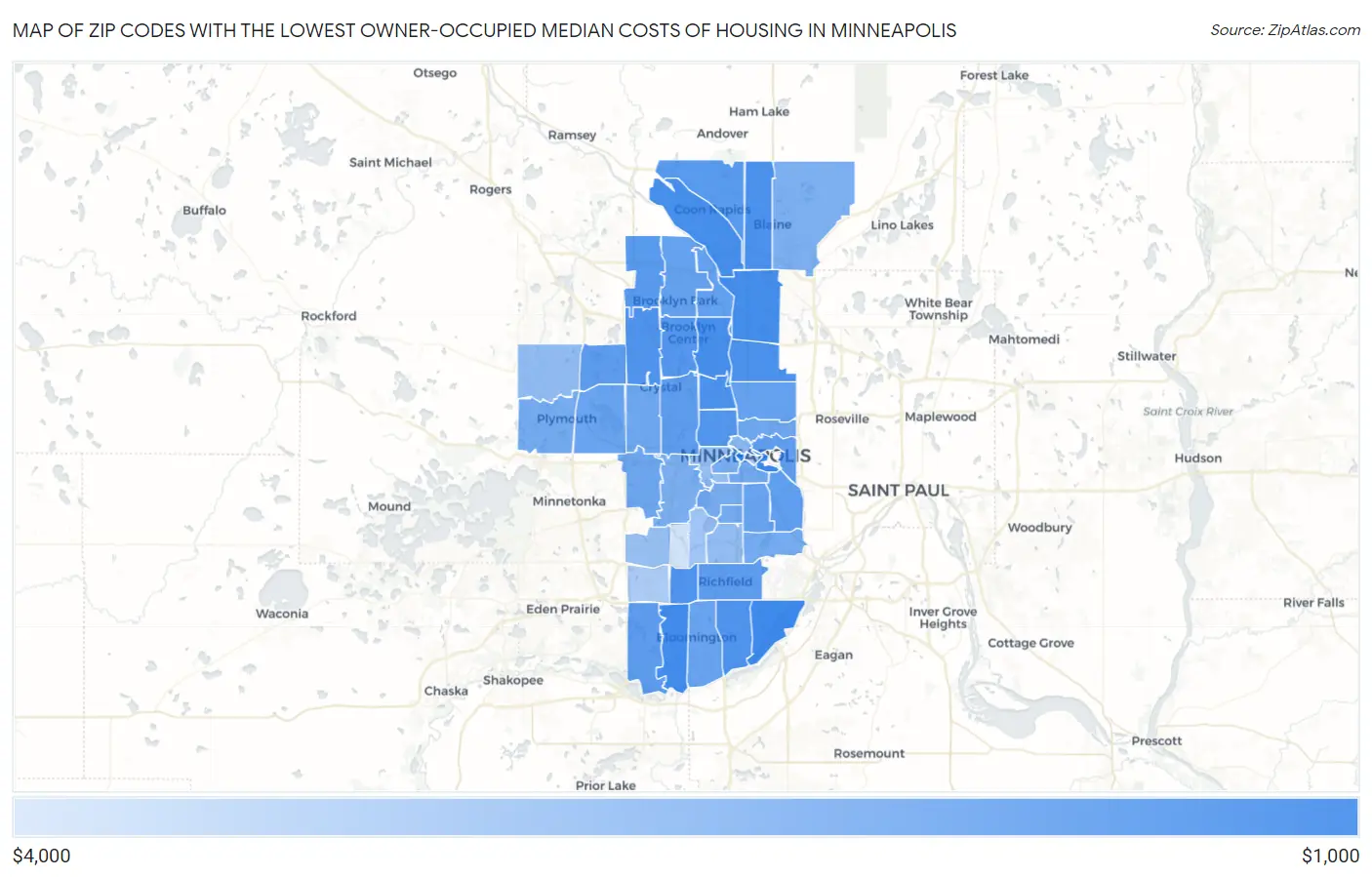 Zip Codes with the Lowest Owner-Occupied Median Costs of Housing in Minneapolis Map