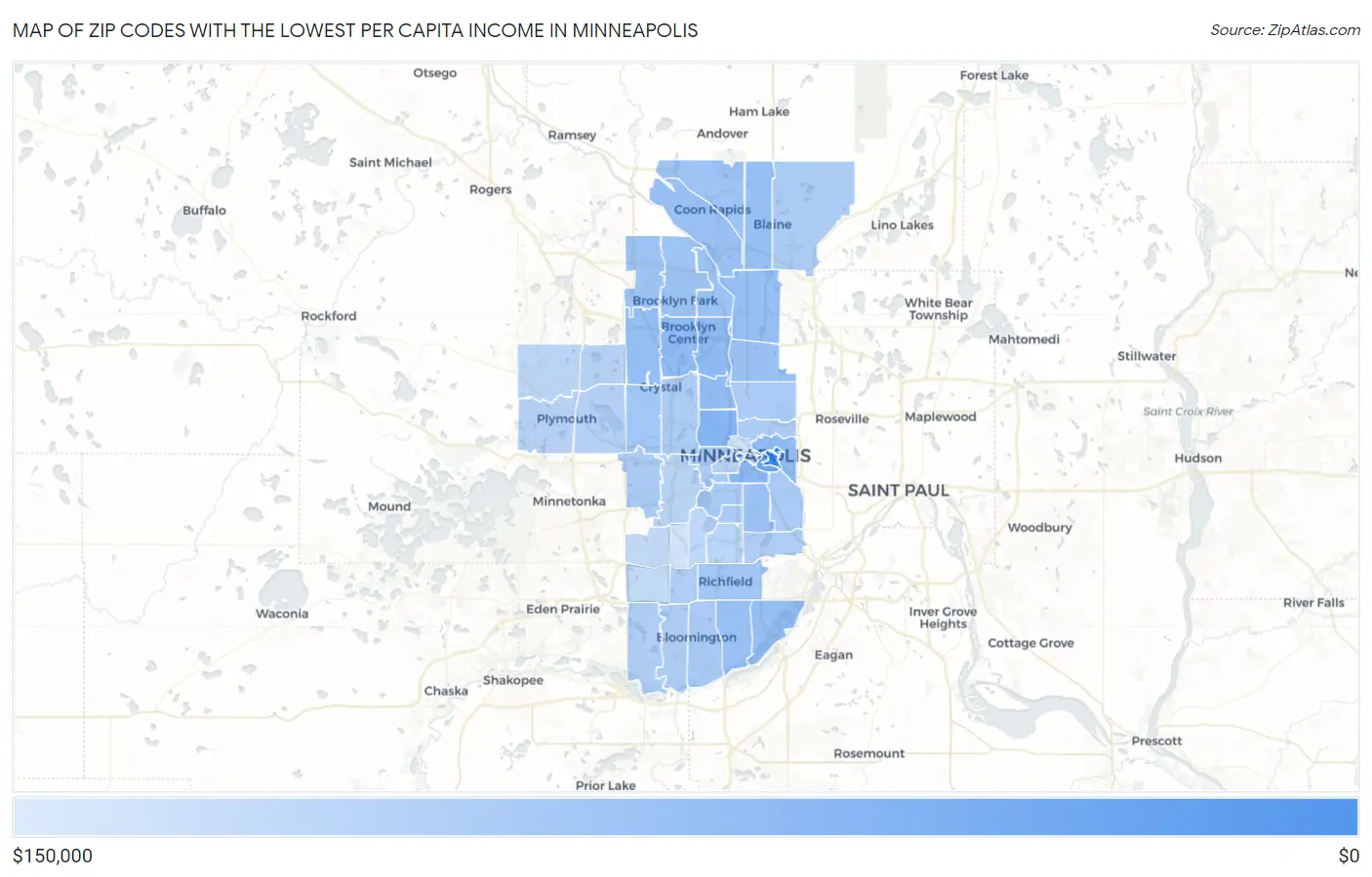 Zip Codes with the Lowest Per Capita Income in Minneapolis Map