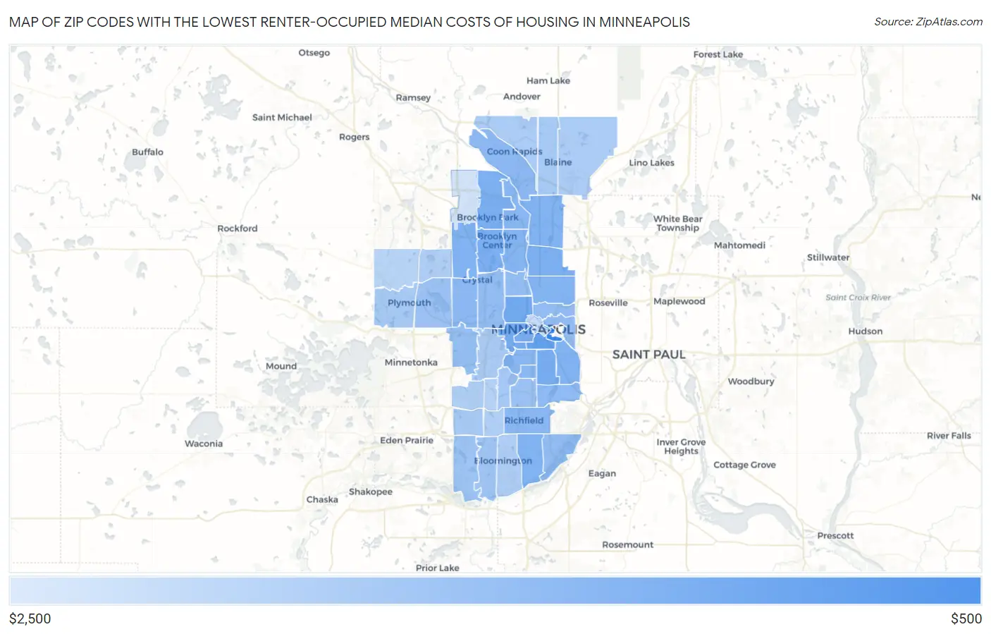 Zip Codes with the Lowest Renter-Occupied Median Costs of Housing in Minneapolis Map