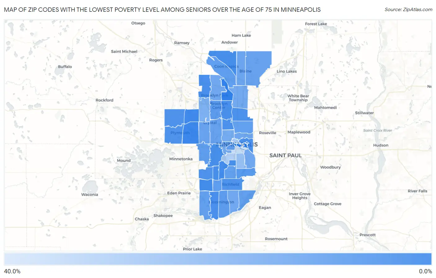 Zip Codes with the Lowest Poverty Level Among Seniors Over the Age of 75 in Minneapolis Map