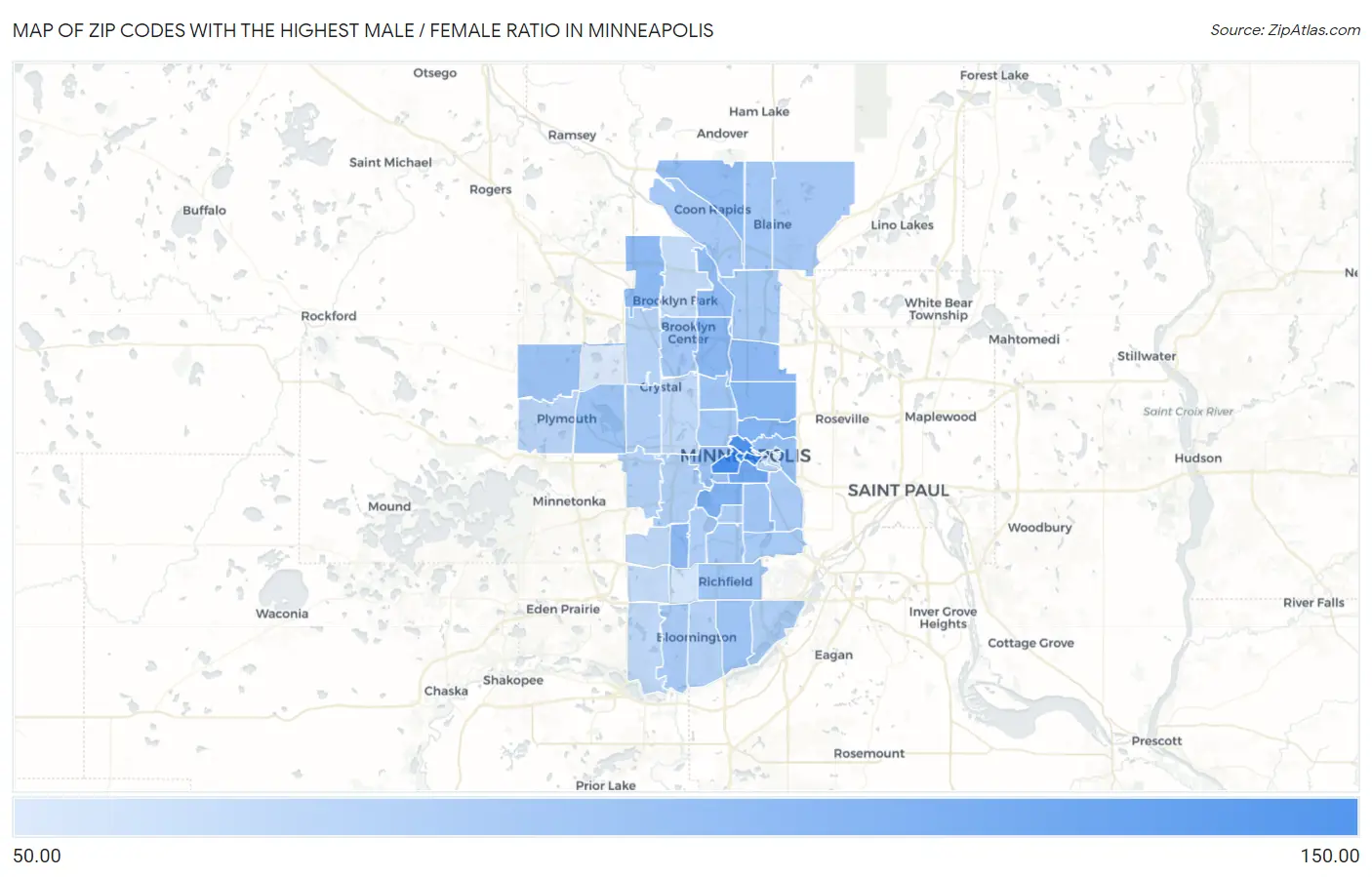 Zip Codes with the Highest Male / Female Ratio in Minneapolis Map