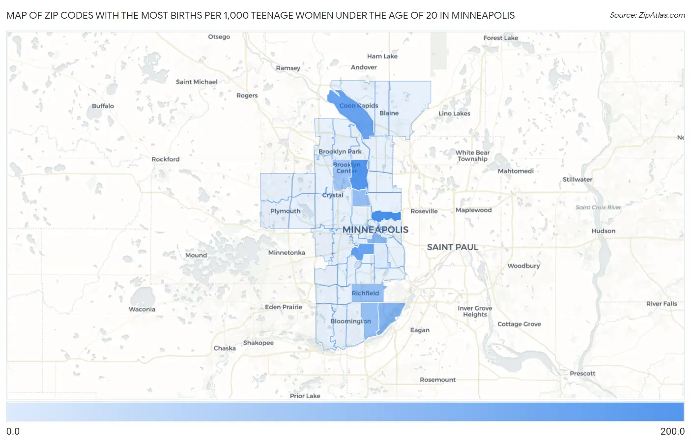 Zip Codes with the Most Births per 1,000 Teenage Women Under the Age of 20 in Minneapolis Map