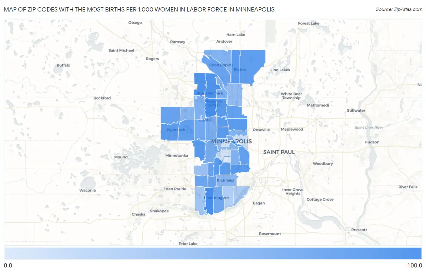 Zip Codes with the Most Births per 1,000 Women in Labor Force in Minneapolis Map