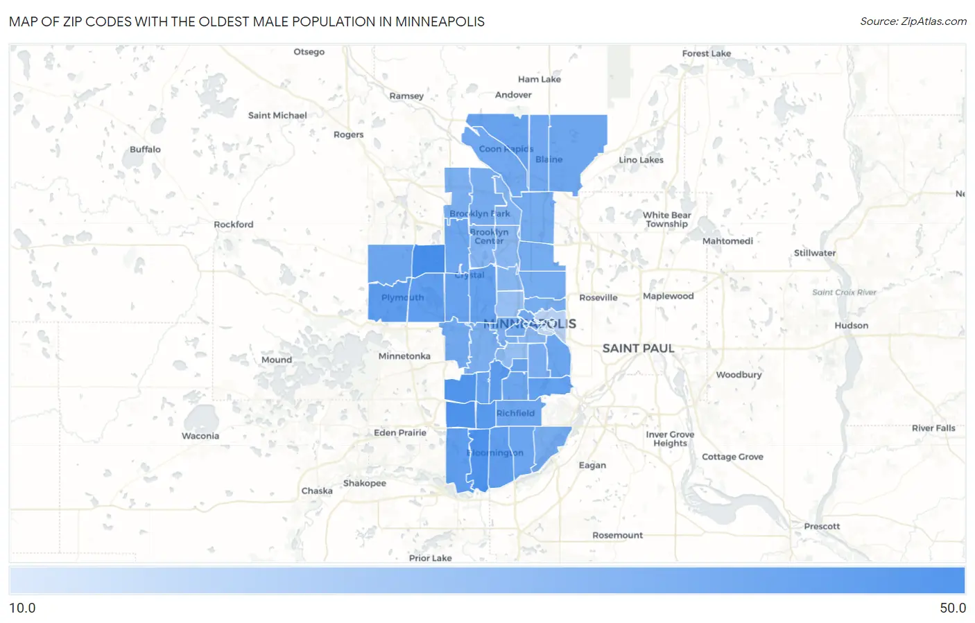 Zip Codes with the Oldest Male Population in Minneapolis Map