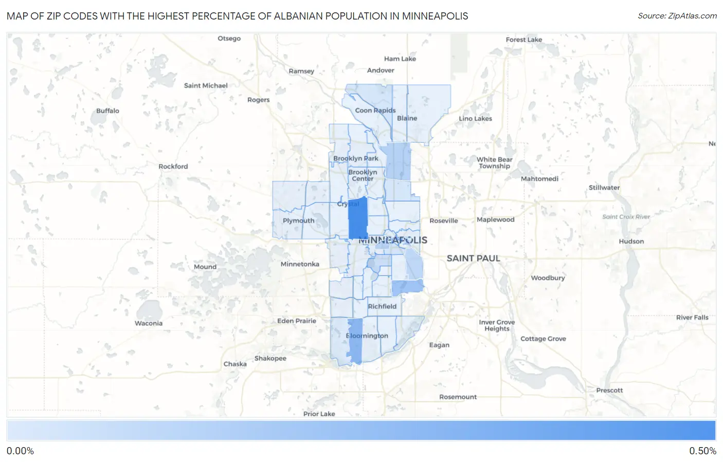 Zip Codes with the Highest Percentage of Albanian Population in Minneapolis Map