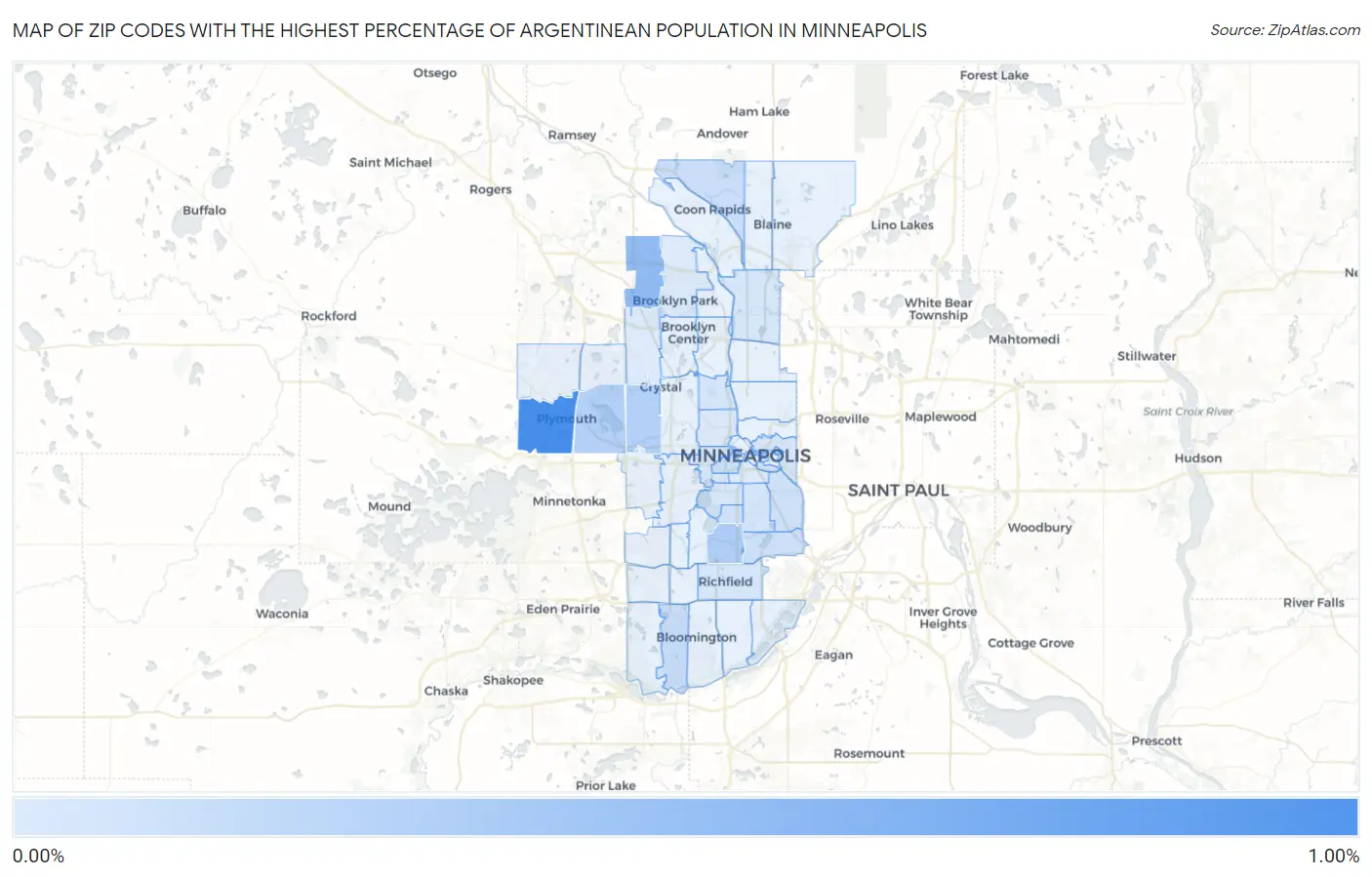 Zip Codes with the Highest Percentage of Argentinean Population in Minneapolis Map