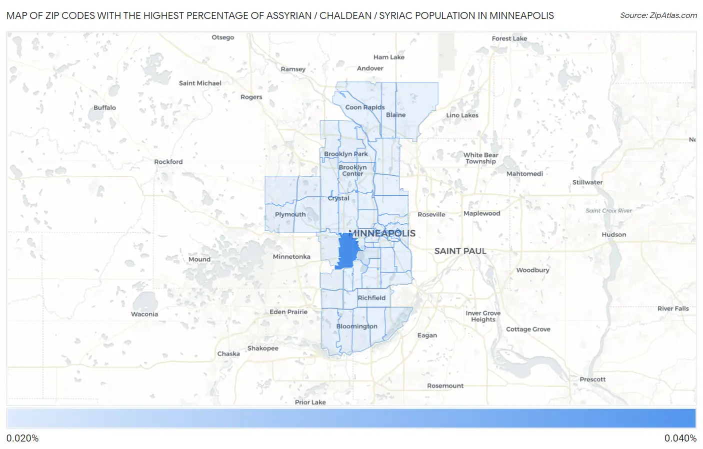 Zip Codes with the Highest Percentage of Assyrian / Chaldean / Syriac Population in Minneapolis Map