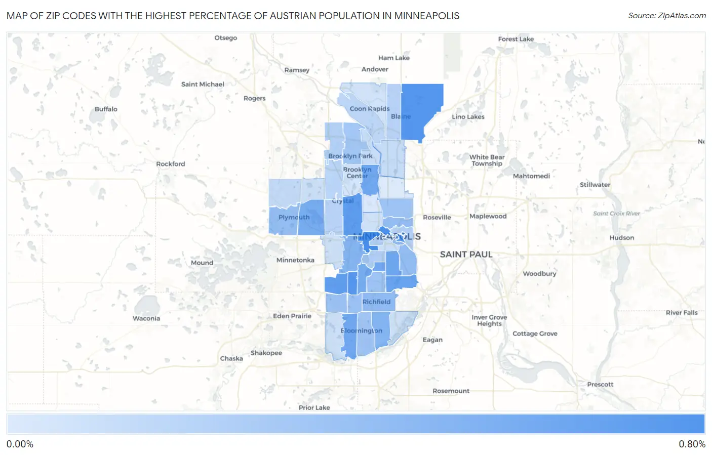 Zip Codes with the Highest Percentage of Austrian Population in Minneapolis Map