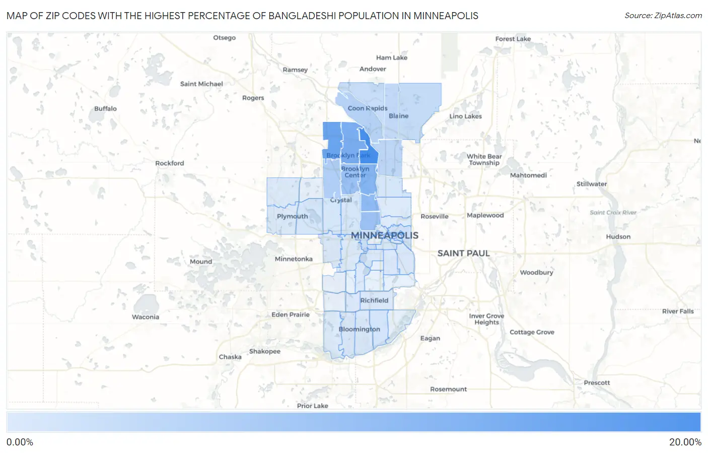 Zip Codes with the Highest Percentage of Bangladeshi Population in Minneapolis Map