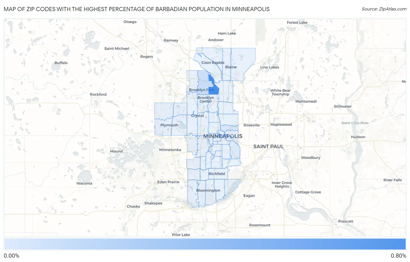 Zip Codes with the Highest Percentage of Barbadian Population in Minneapolis Map