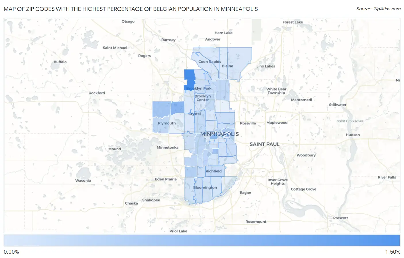 Zip Codes with the Highest Percentage of Belgian Population in Minneapolis Map