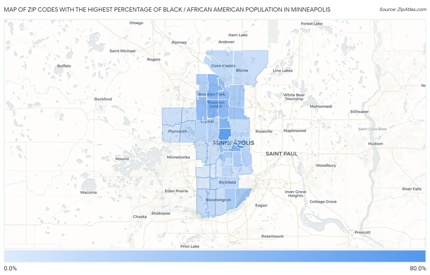 Zip Codes with the Highest Percentage of Black / African American Population in Minneapolis Map