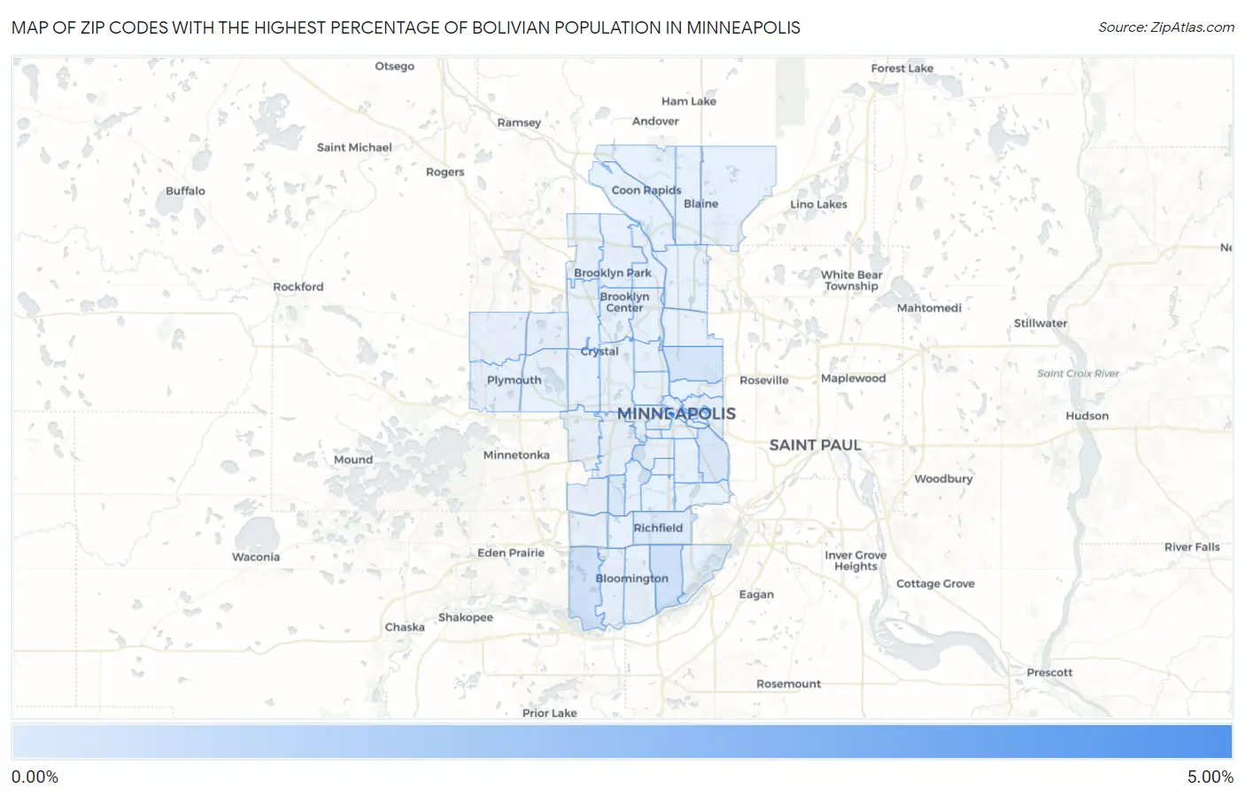 Zip Codes with the Highest Percentage of Bolivian Population in Minneapolis Map