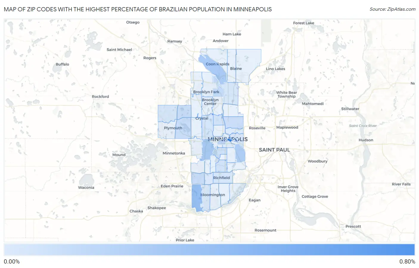 Zip Codes with the Highest Percentage of Brazilian Population in Minneapolis Map