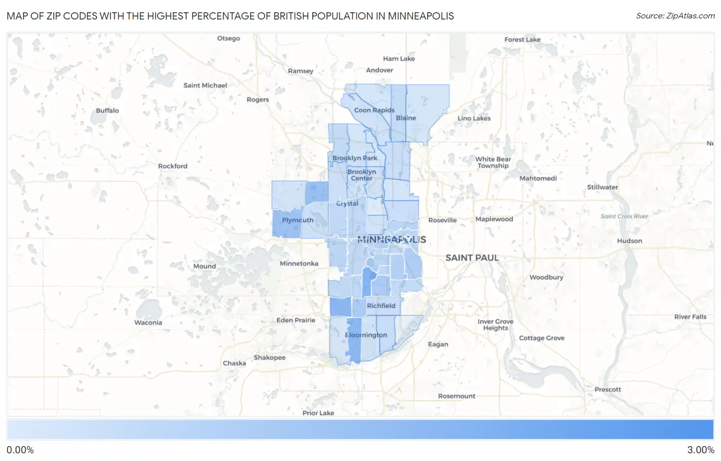 Zip Codes with the Highest Percentage of British Population in Minneapolis Map