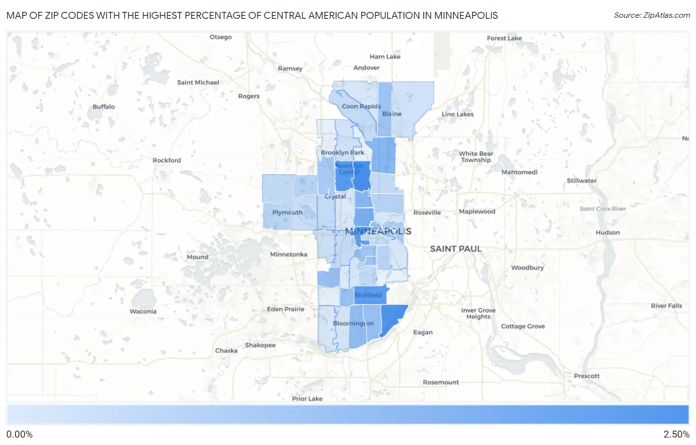 Zip Codes with the Highest Percentage of Central American Population in Minneapolis Map