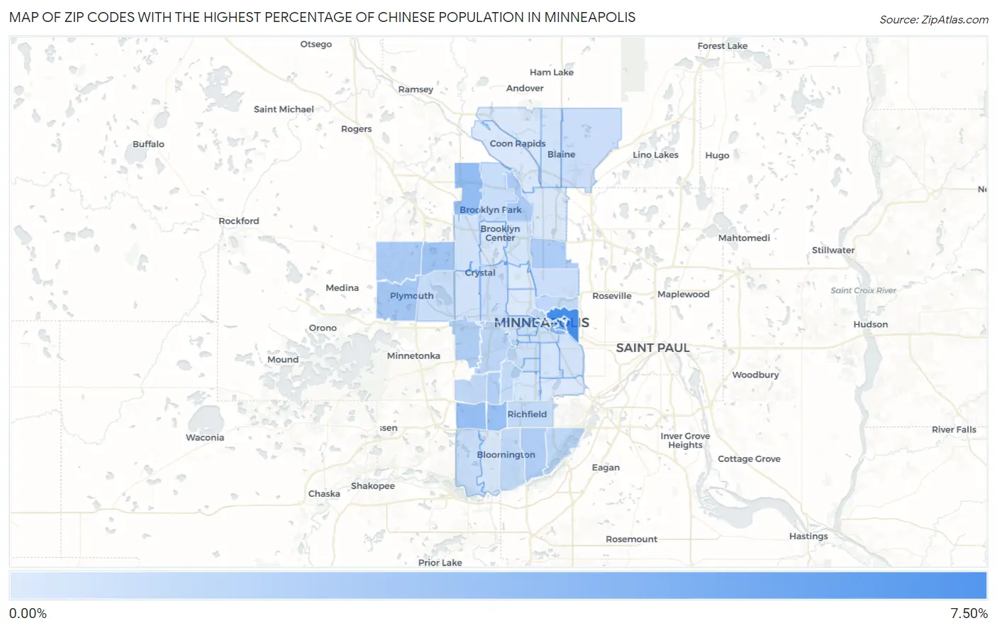 Zip Codes with the Highest Percentage of Chinese Population in Minneapolis Map