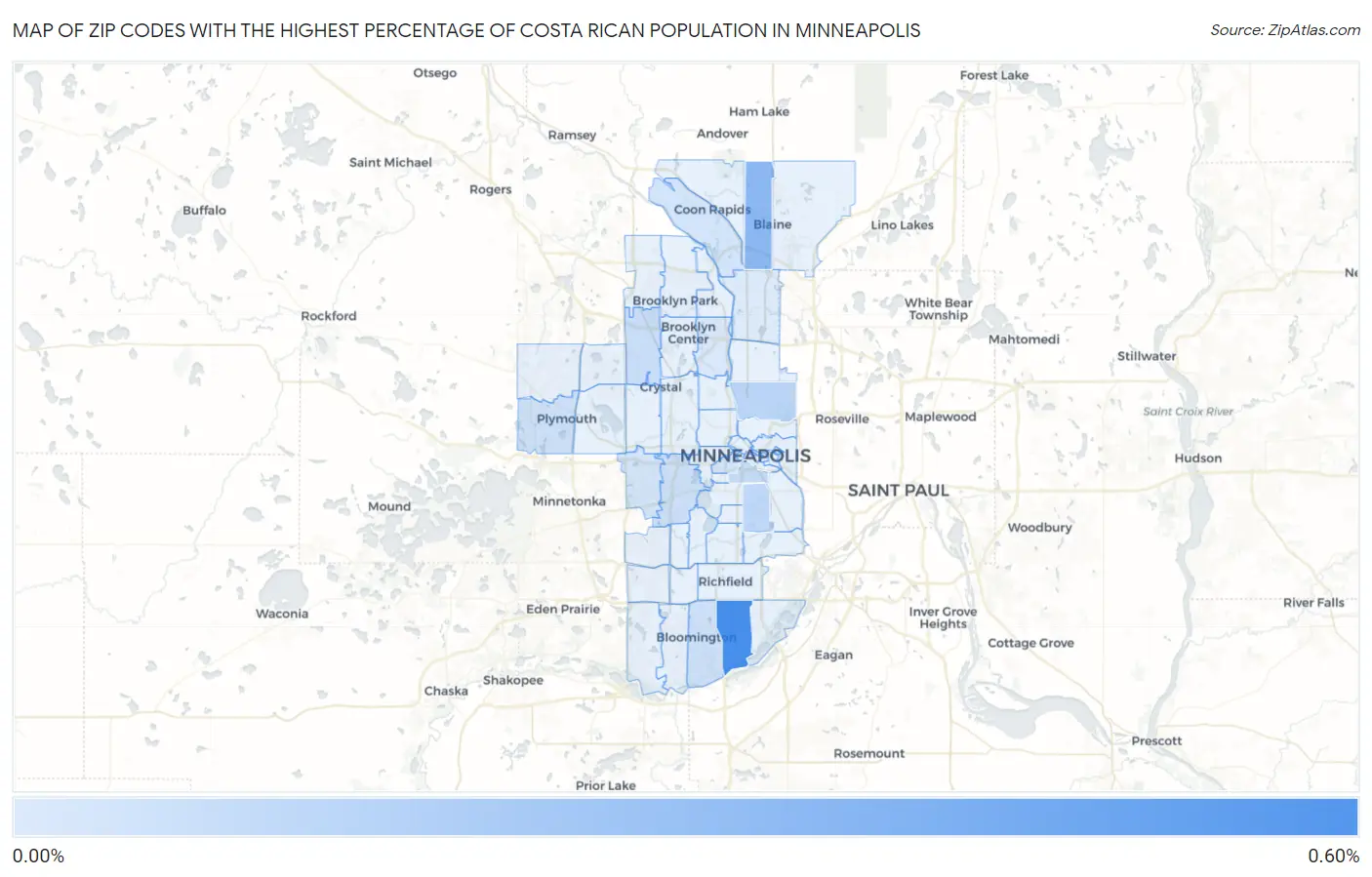 Zip Codes with the Highest Percentage of Costa Rican Population in Minneapolis Map