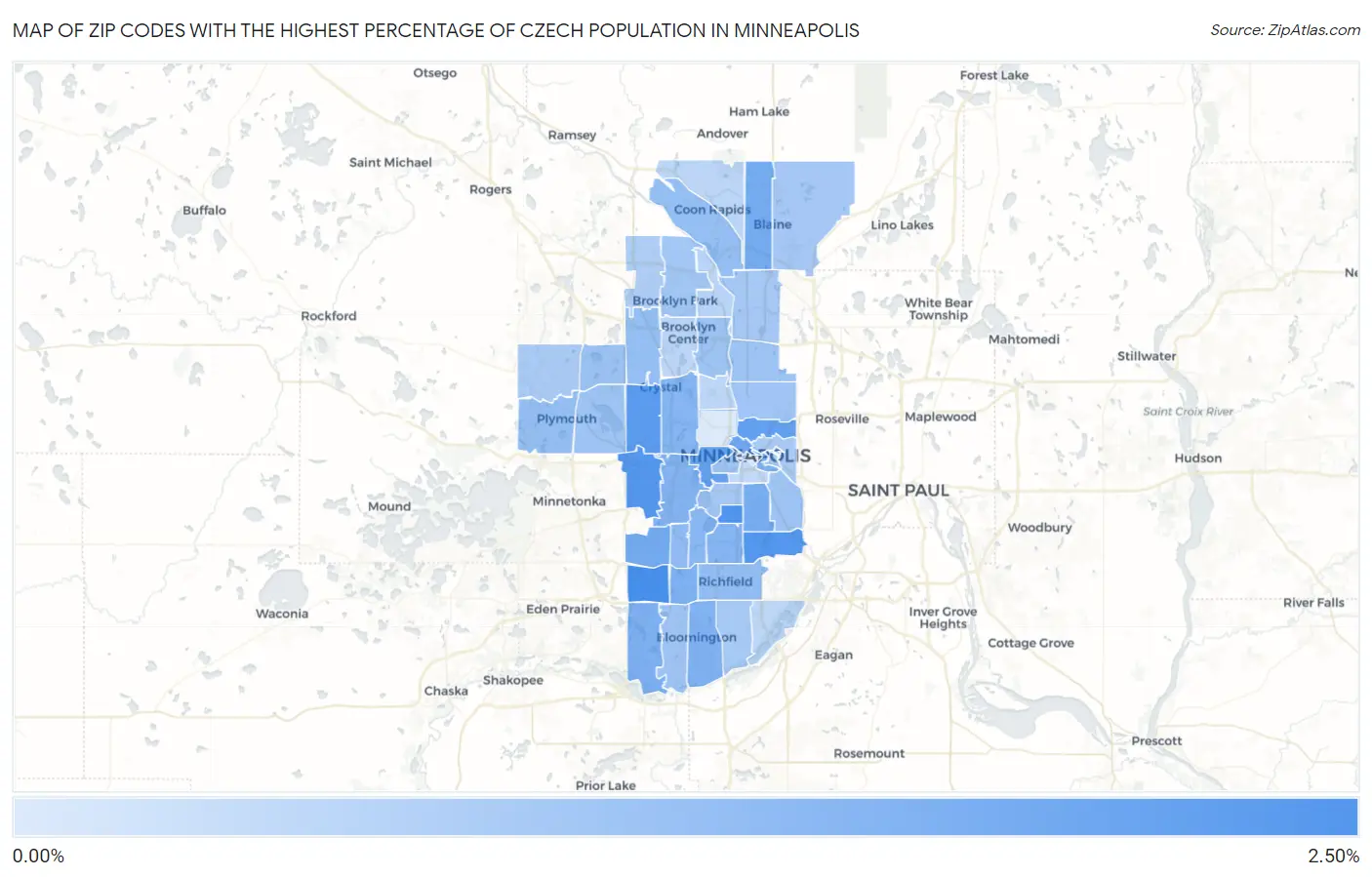 Zip Codes with the Highest Percentage of Czech Population in Minneapolis Map