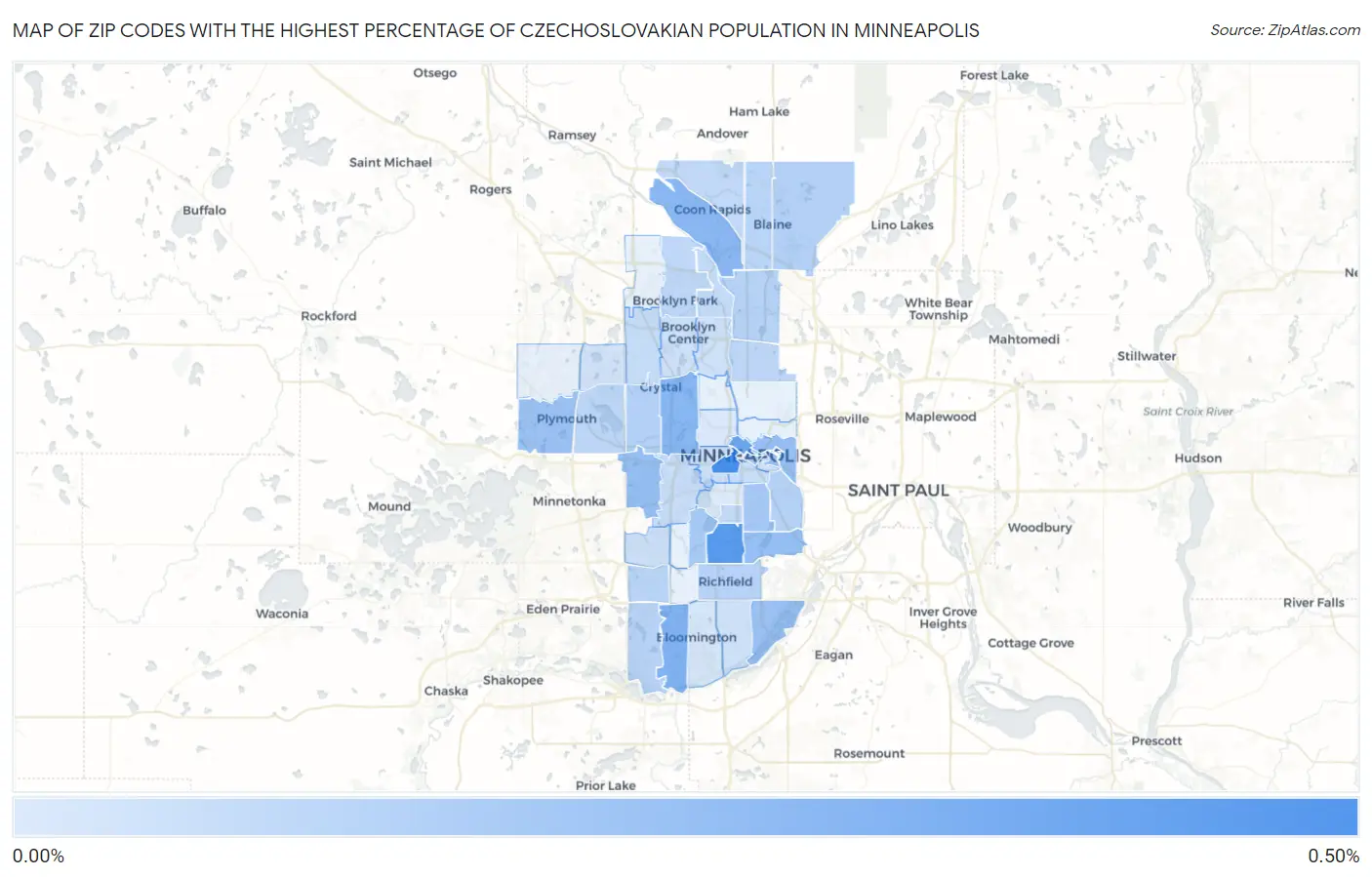 Zip Codes with the Highest Percentage of Czechoslovakian Population in Minneapolis Map