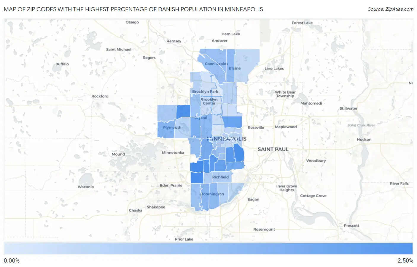 Zip Codes with the Highest Percentage of Danish Population in Minneapolis Map