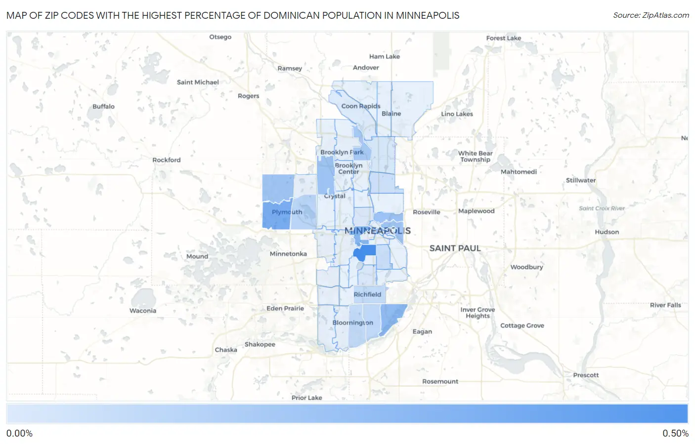 Zip Codes with the Highest Percentage of Dominican Population in Minneapolis Map