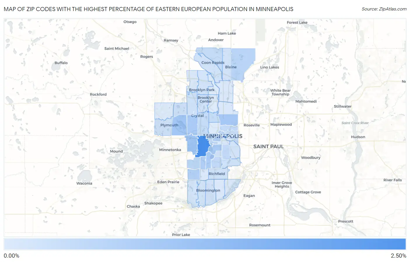 Zip Codes with the Highest Percentage of Eastern European Population in Minneapolis Map