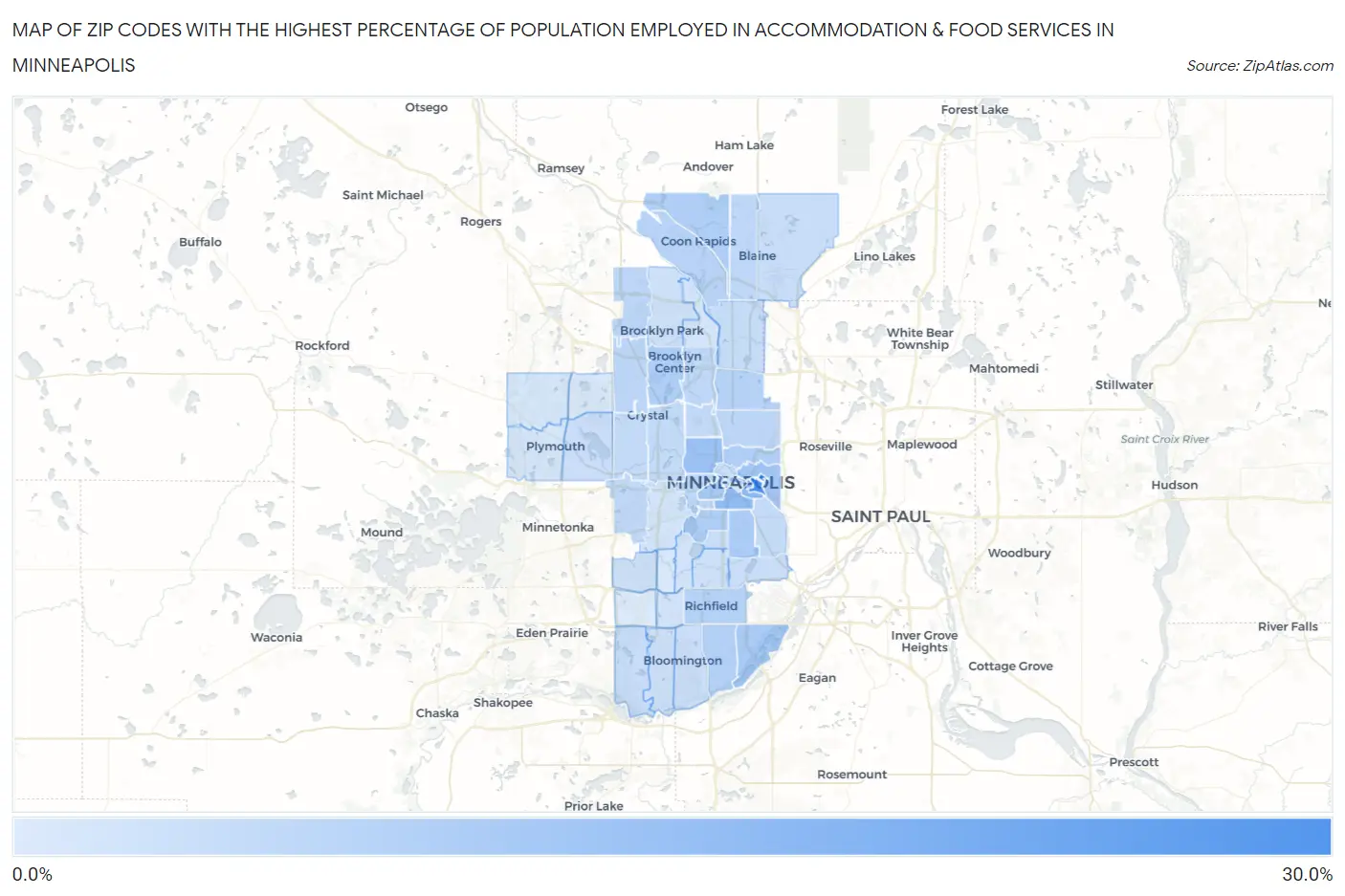 Zip Codes with the Highest Percentage of Population Employed in Accommodation & Food Services in Minneapolis Map