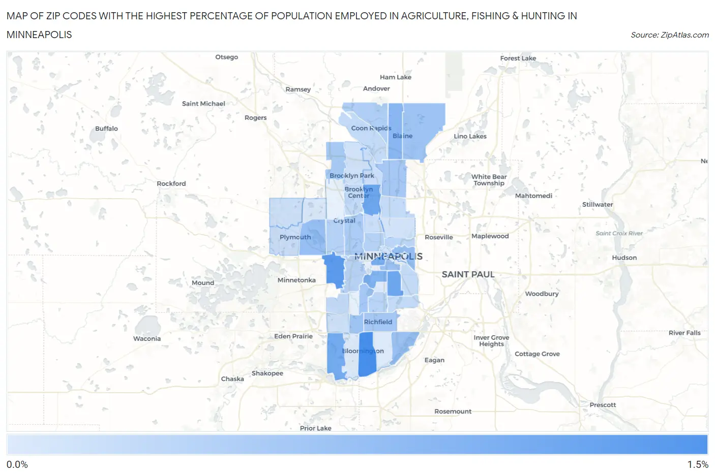 Zip Codes with the Highest Percentage of Population Employed in Agriculture, Fishing & Hunting in Minneapolis Map