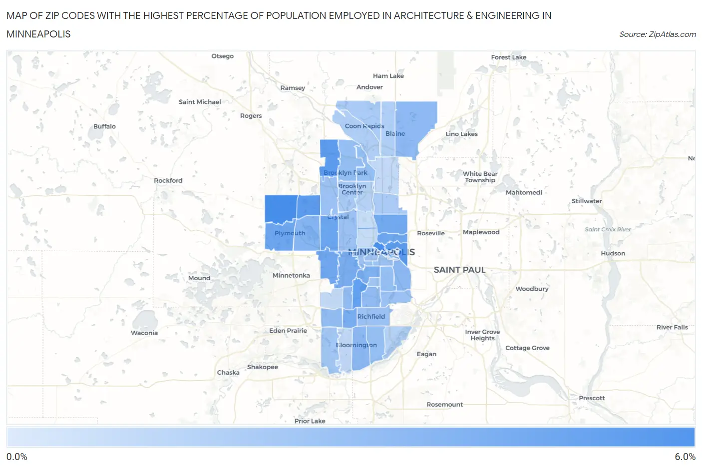 Zip Codes with the Highest Percentage of Population Employed in Architecture & Engineering in Minneapolis Map