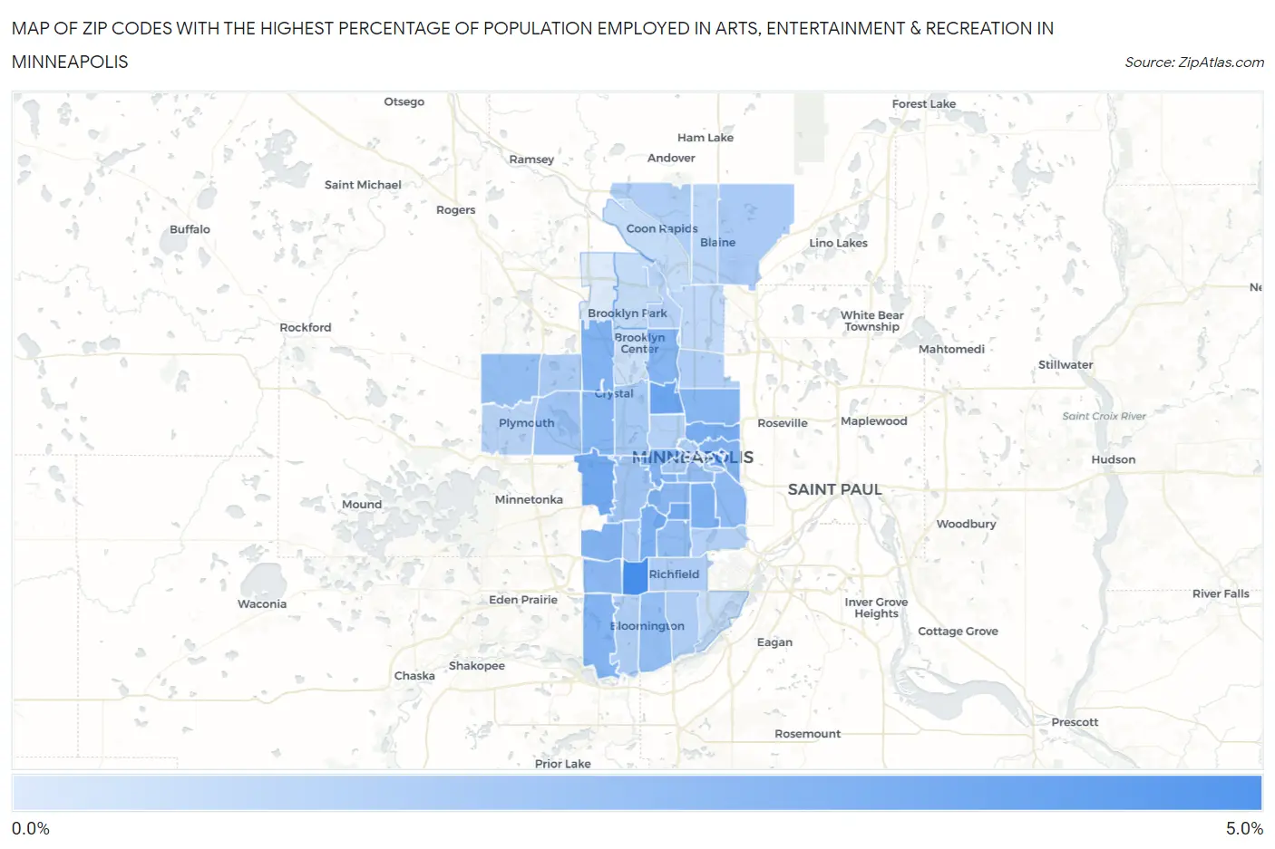 Zip Codes with the Highest Percentage of Population Employed in Arts, Entertainment & Recreation in Minneapolis Map