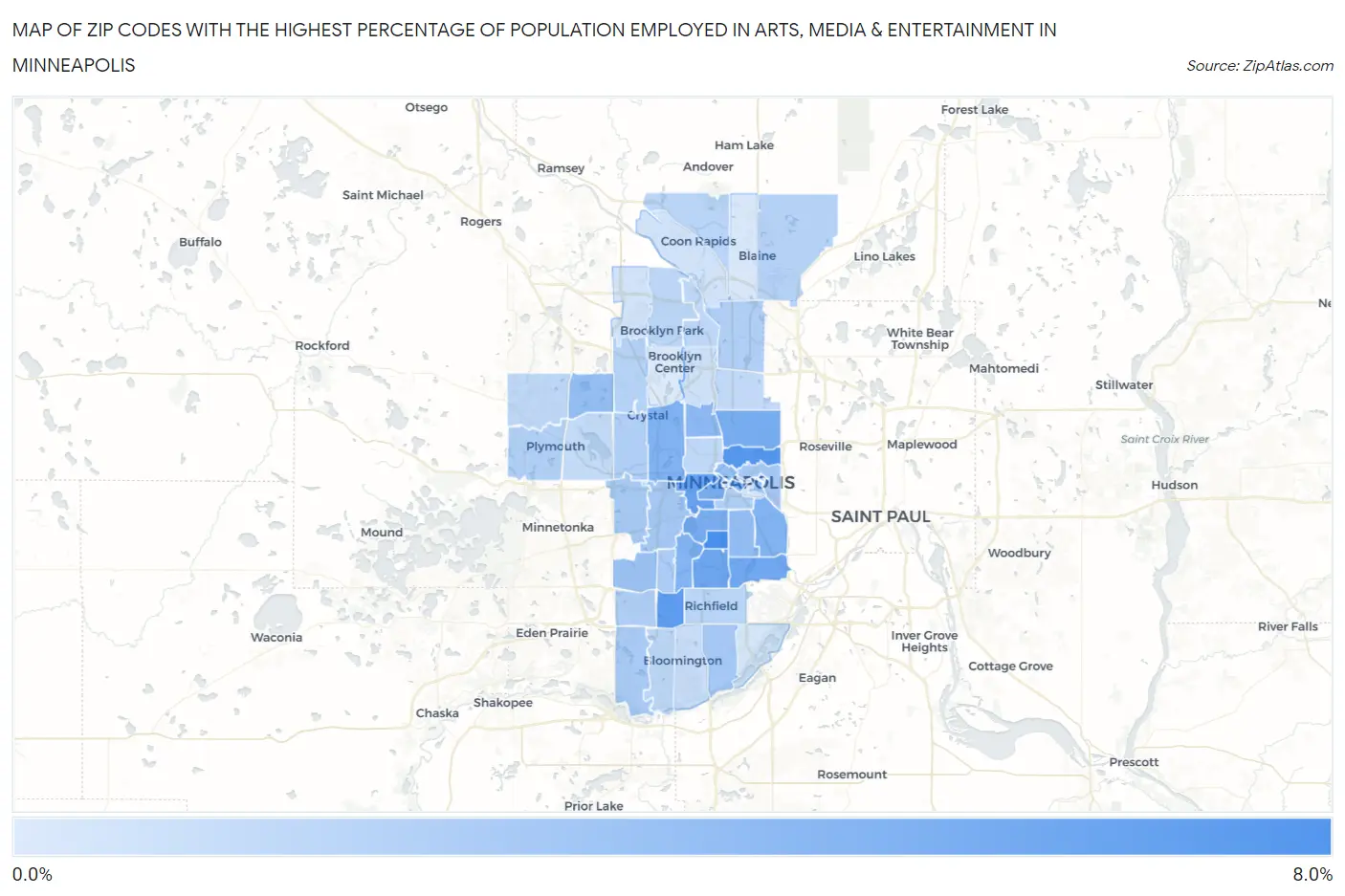 Zip Codes with the Highest Percentage of Population Employed in Arts, Media & Entertainment in Minneapolis Map
