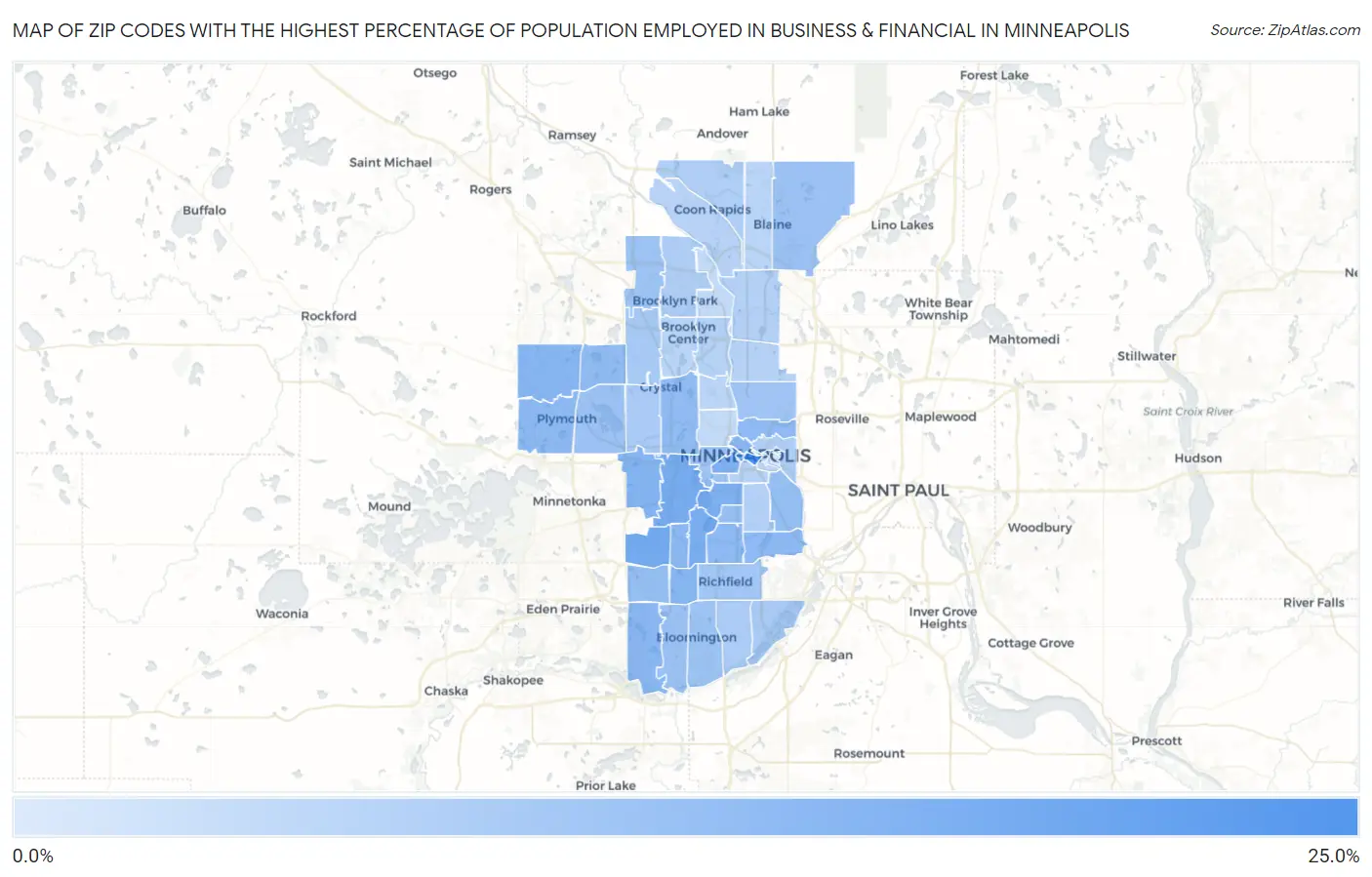 Zip Codes with the Highest Percentage of Population Employed in Business & Financial in Minneapolis Map
