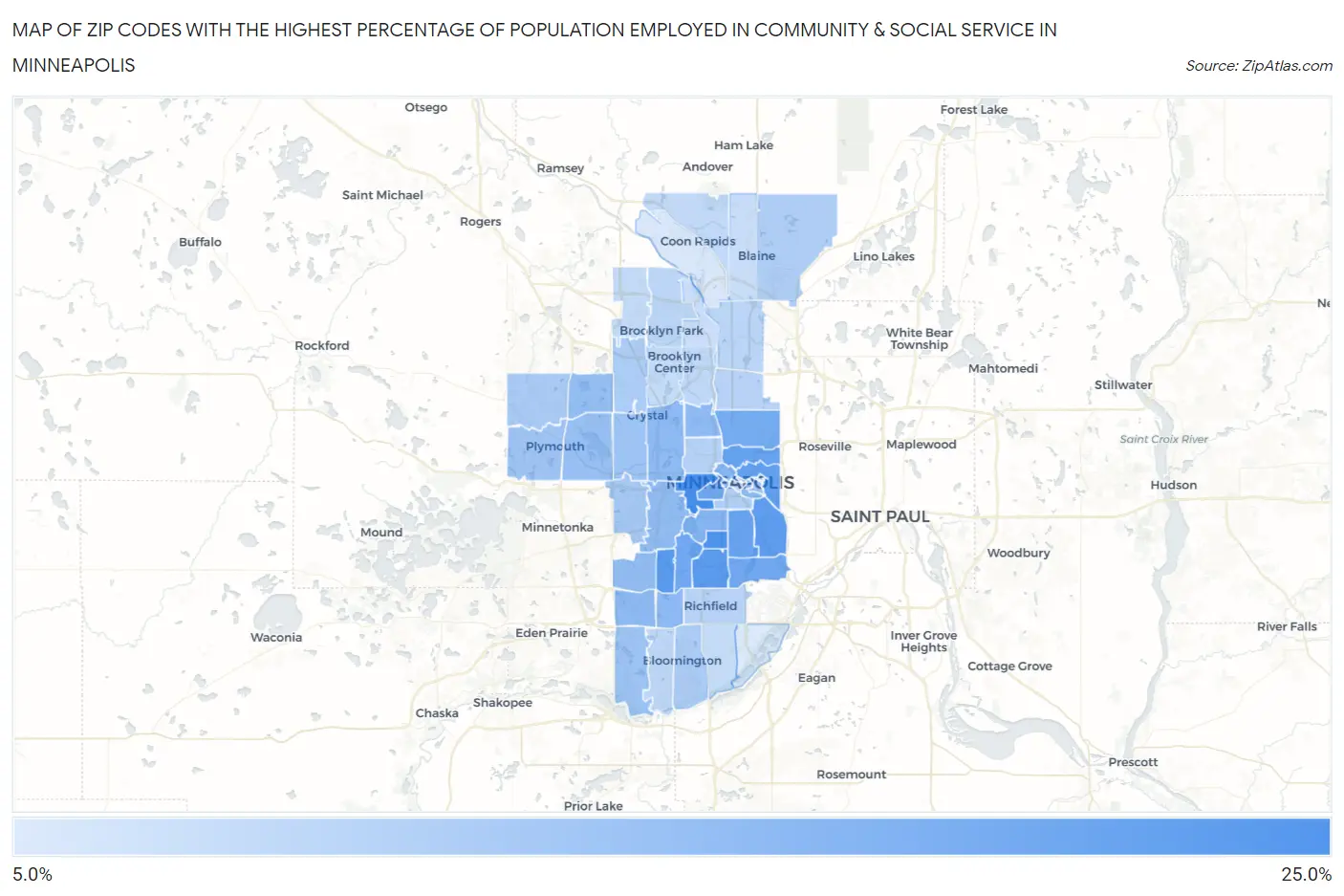 Zip Codes with the Highest Percentage of Population Employed in Community & Social Service  in Minneapolis Map