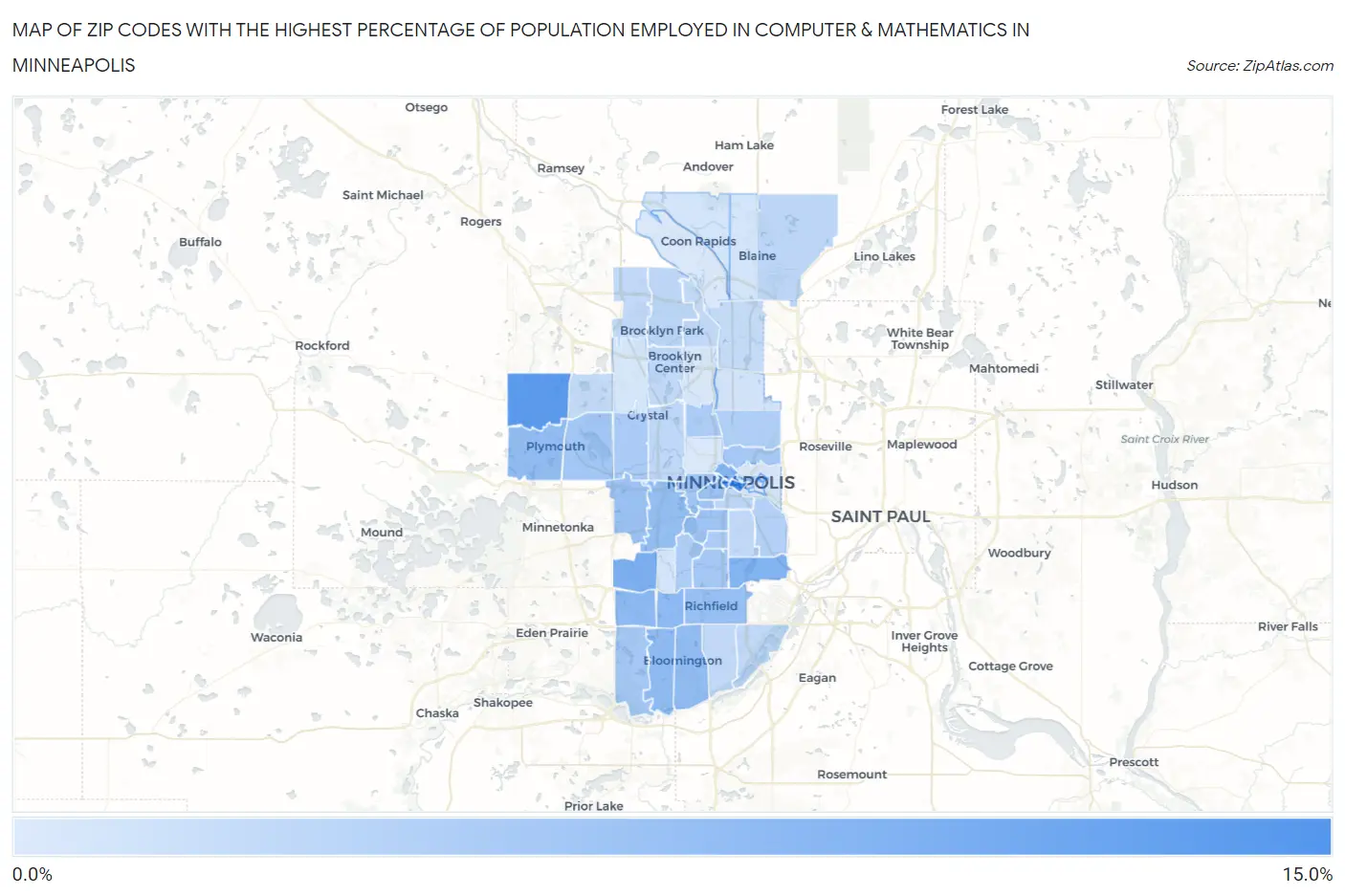 Zip Codes with the Highest Percentage of Population Employed in Computer & Mathematics in Minneapolis Map