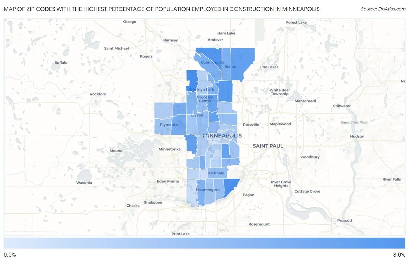 Zip Codes with the Highest Percentage of Population Employed in Construction in Minneapolis Map