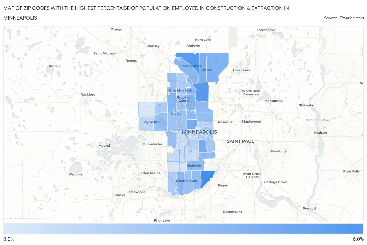 Zip Codes with the Highest Percentage of Population Employed in Construction & Extraction in Minneapolis Map