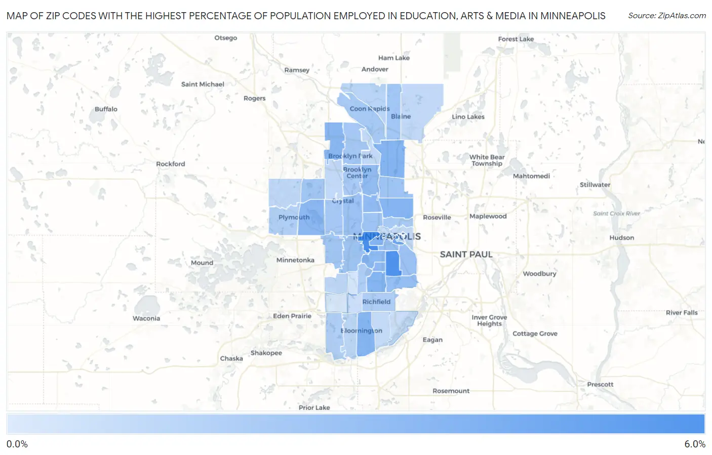 Zip Codes with the Highest Percentage of Population Employed in Education, Arts & Media in Minneapolis Map