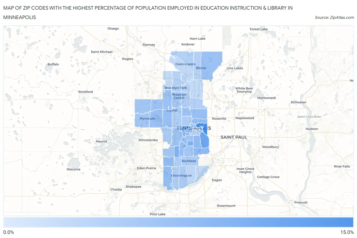 Zip Codes with the Highest Percentage of Population Employed in Education Instruction & Library in Minneapolis Map