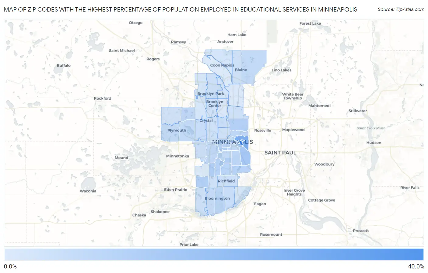 Zip Codes with the Highest Percentage of Population Employed in Educational Services in Minneapolis Map