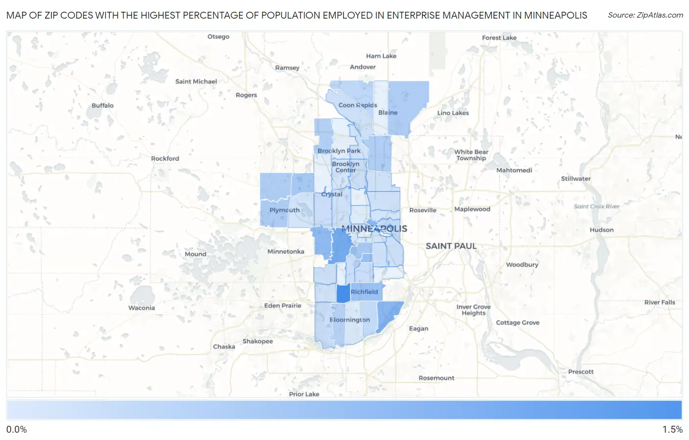 Zip Codes with the Highest Percentage of Population Employed in Enterprise Management in Minneapolis Map