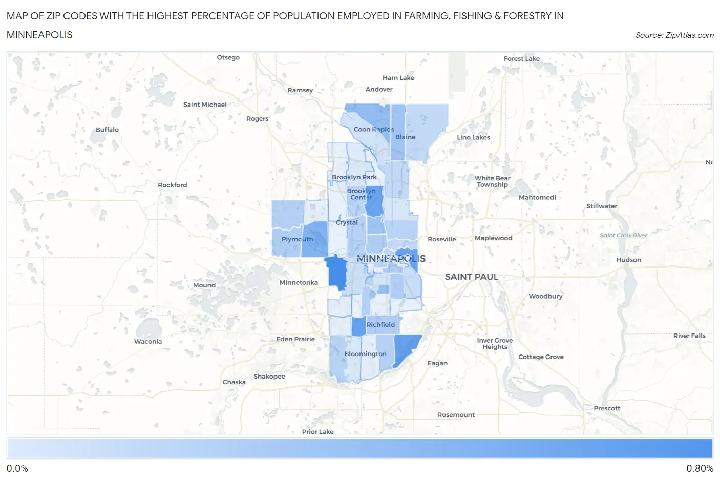 Zip Codes with the Highest Percentage of Population Employed in Farming, Fishing & Forestry in Minneapolis Map
