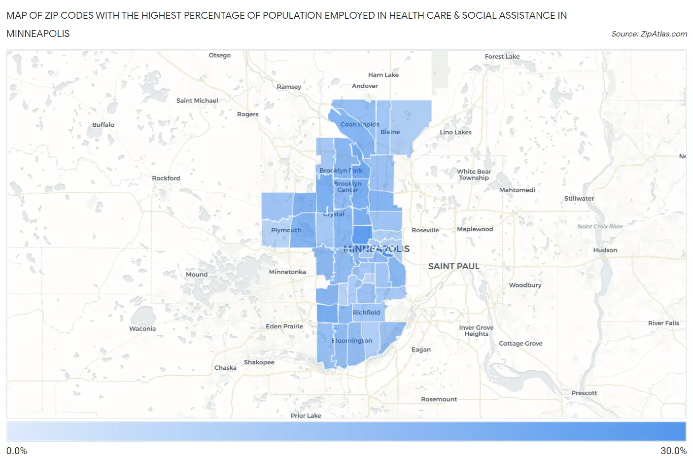 Zip Codes with the Highest Percentage of Population Employed in Health Care & Social Assistance in Minneapolis Map