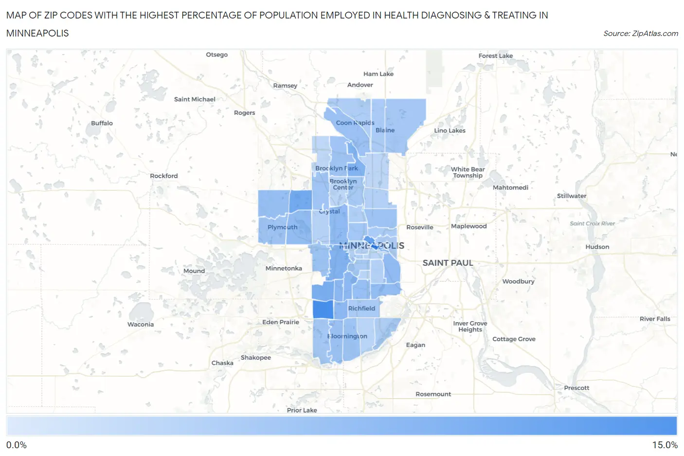 Zip Codes with the Highest Percentage of Population Employed in Health Diagnosing & Treating in Minneapolis Map