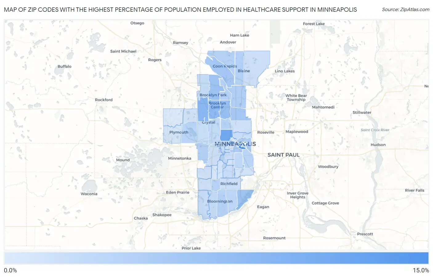 Zip Codes with the Highest Percentage of Population Employed in Healthcare Support in Minneapolis Map