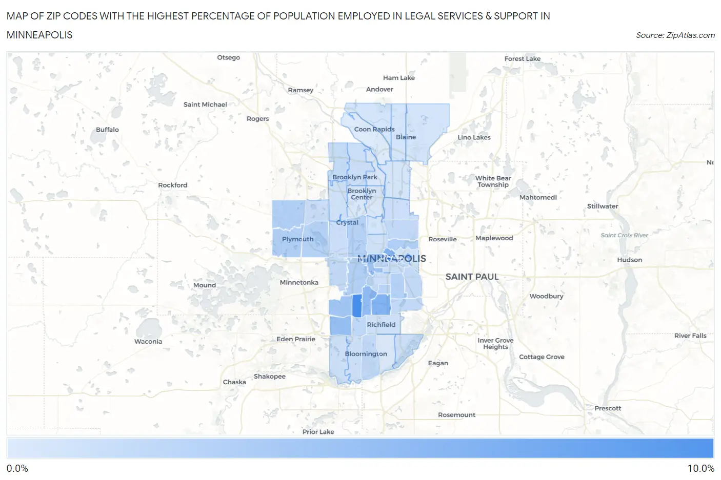 Zip Codes with the Highest Percentage of Population Employed in Legal Services & Support in Minneapolis Map
